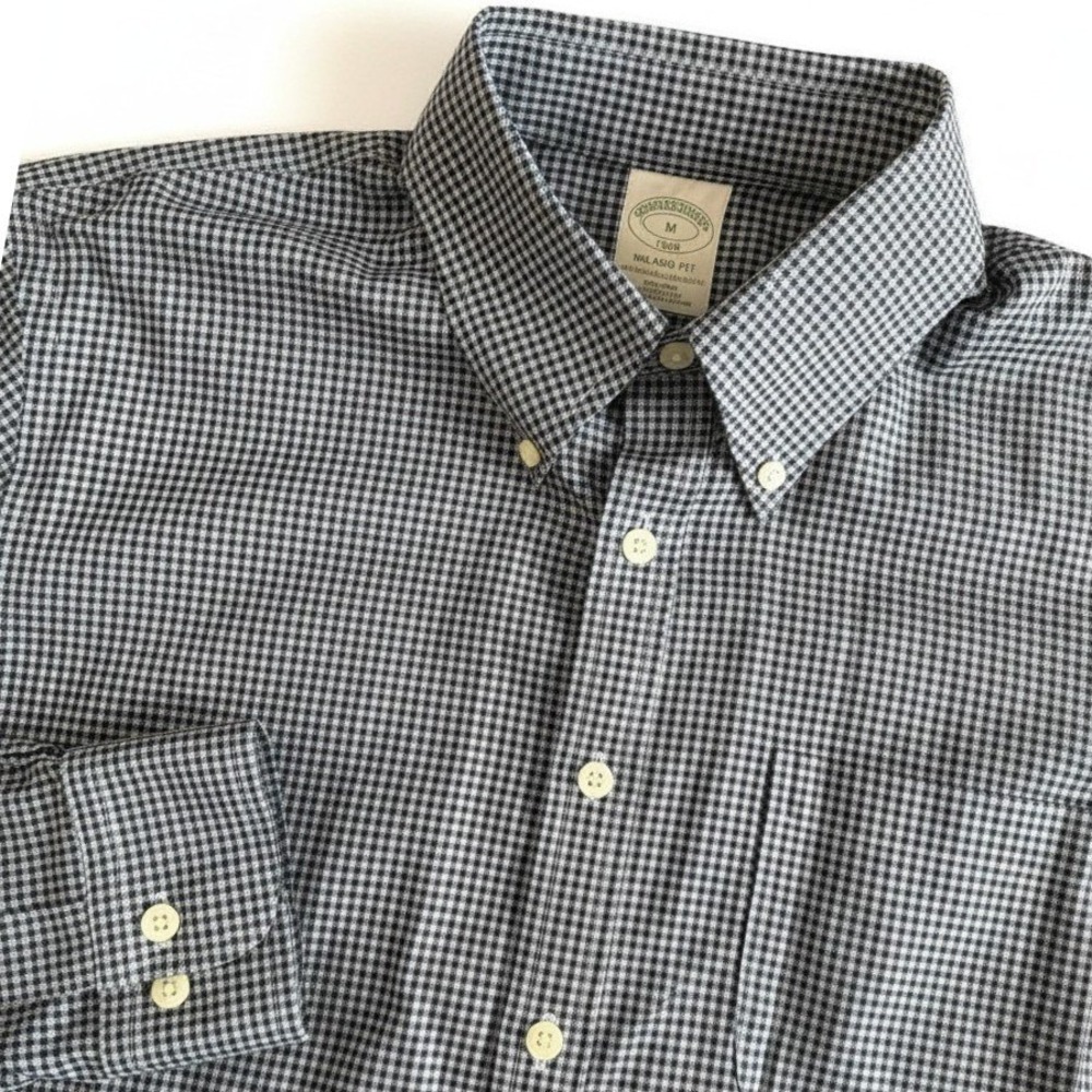 Brooks Brothers 1818 Milano Fit Shirt Mens Medium Slim Navy White Gingham Cotton